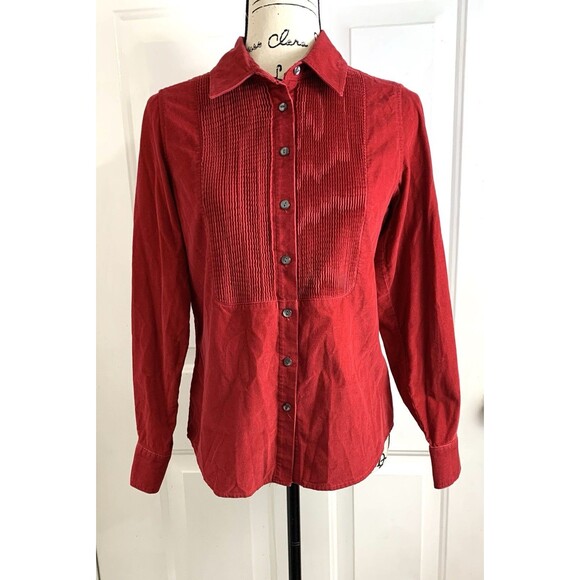 J Jill Womens Blouse Top Sz XS Red Corduroy Button Up Long Slv Shirt w/Pintucks - Picture 1 of 10